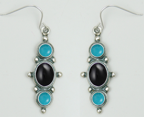 Sterling Silver Drop Dangle Earrings With Black Onyx And Turquoise